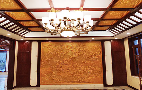 灵山中式别墅客厅中式木作横梁吊顶装饰展示